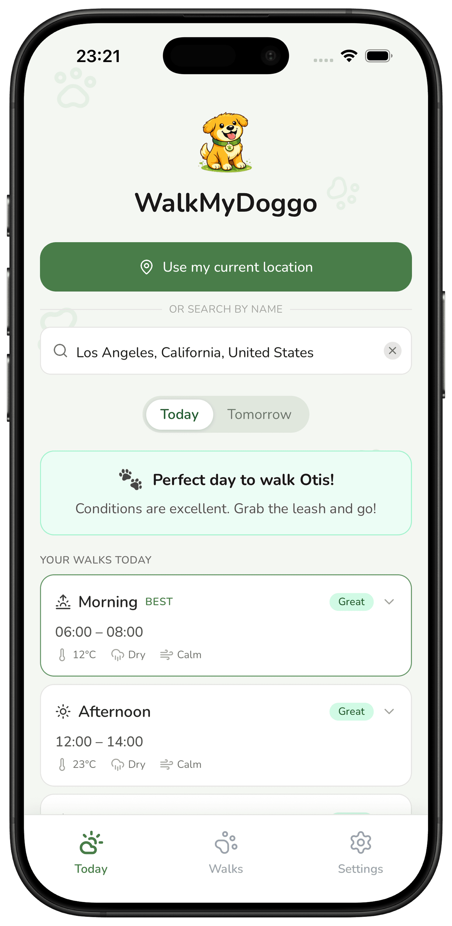 WalkMyDoggo weather recommendations screen